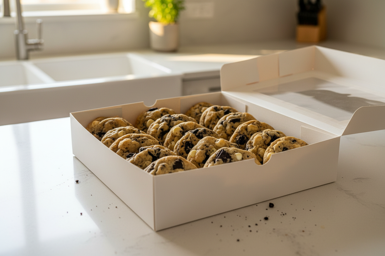 Single 4 oz cookies and cream cookie made with chocolate cookie pieces and creamy white chocolate