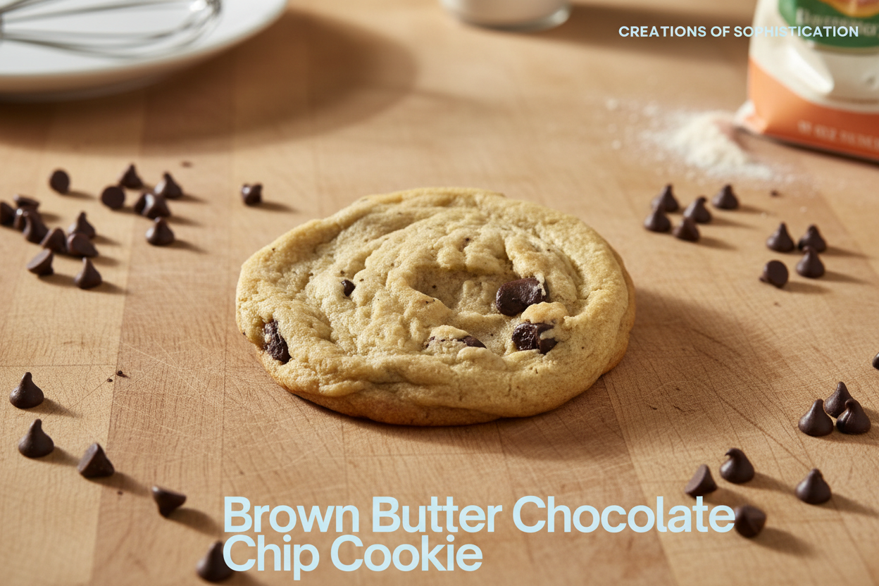 Single 4 oz brown butter chocolate chip cookie with rich caramelized flavor and chocolate chunks
