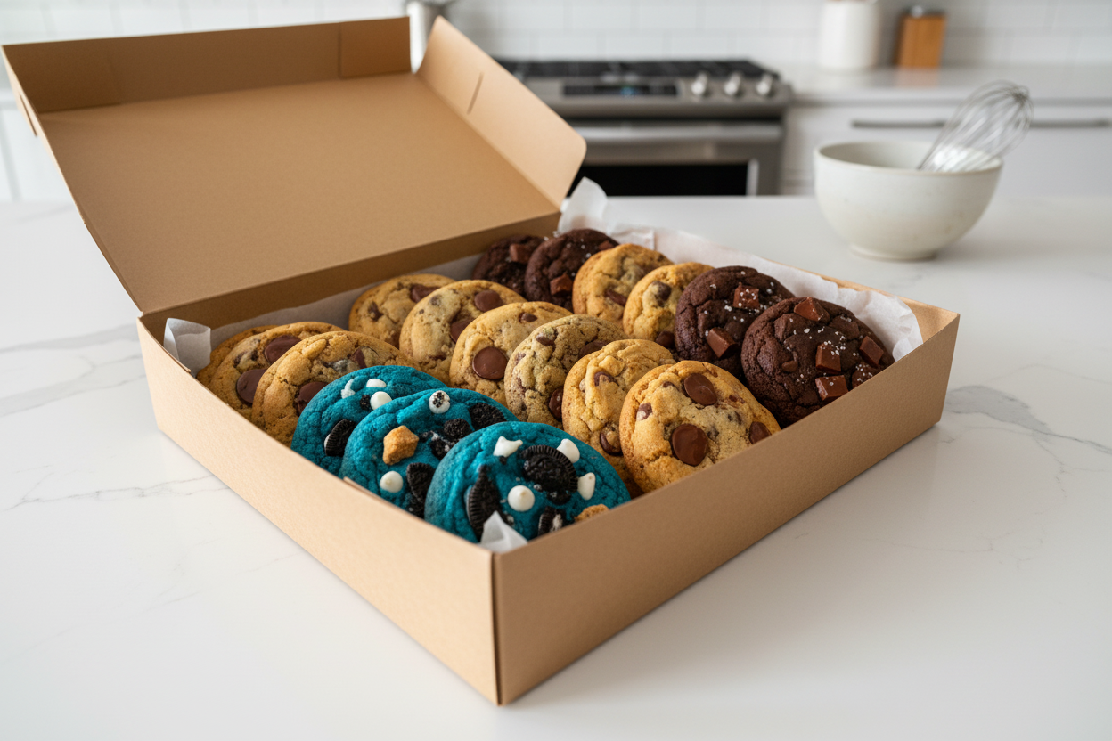 Box of assorted cookies on a kitchen counter