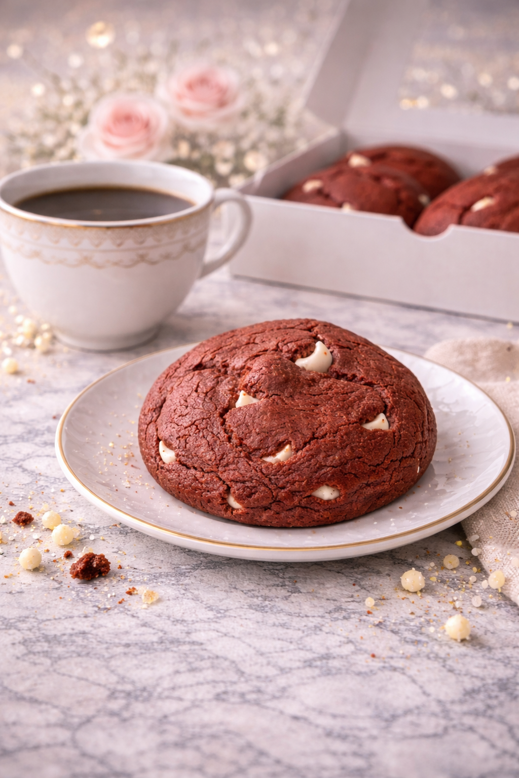 Single 4 oz red velvet cookie with rich cocoa flavor and a soft baked center