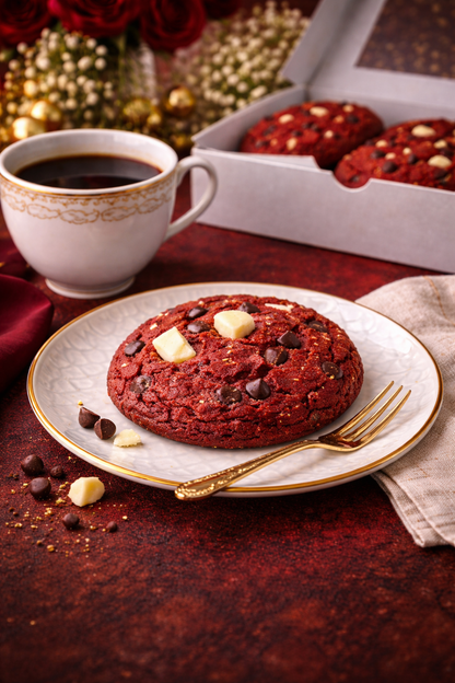 Single 4 oz red velvet cookie with milk chocolate chips and creamy white chocolate pieces