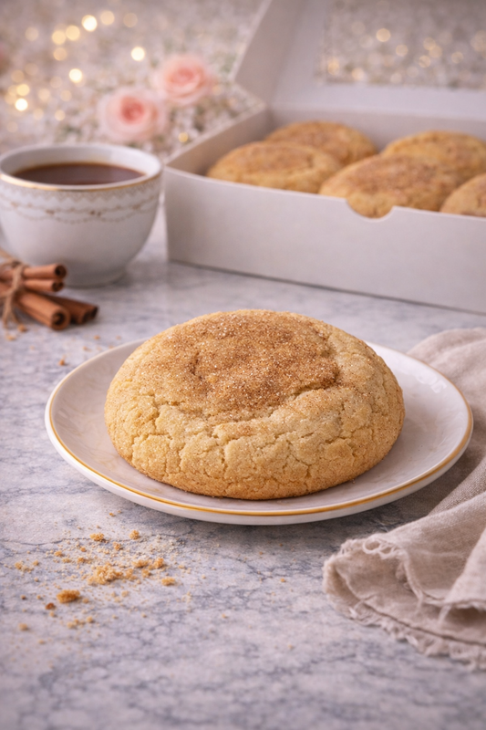 Single 4 oz snickerdoodle cookie coated in cinnamon sugar with a soft, bakery-style texture