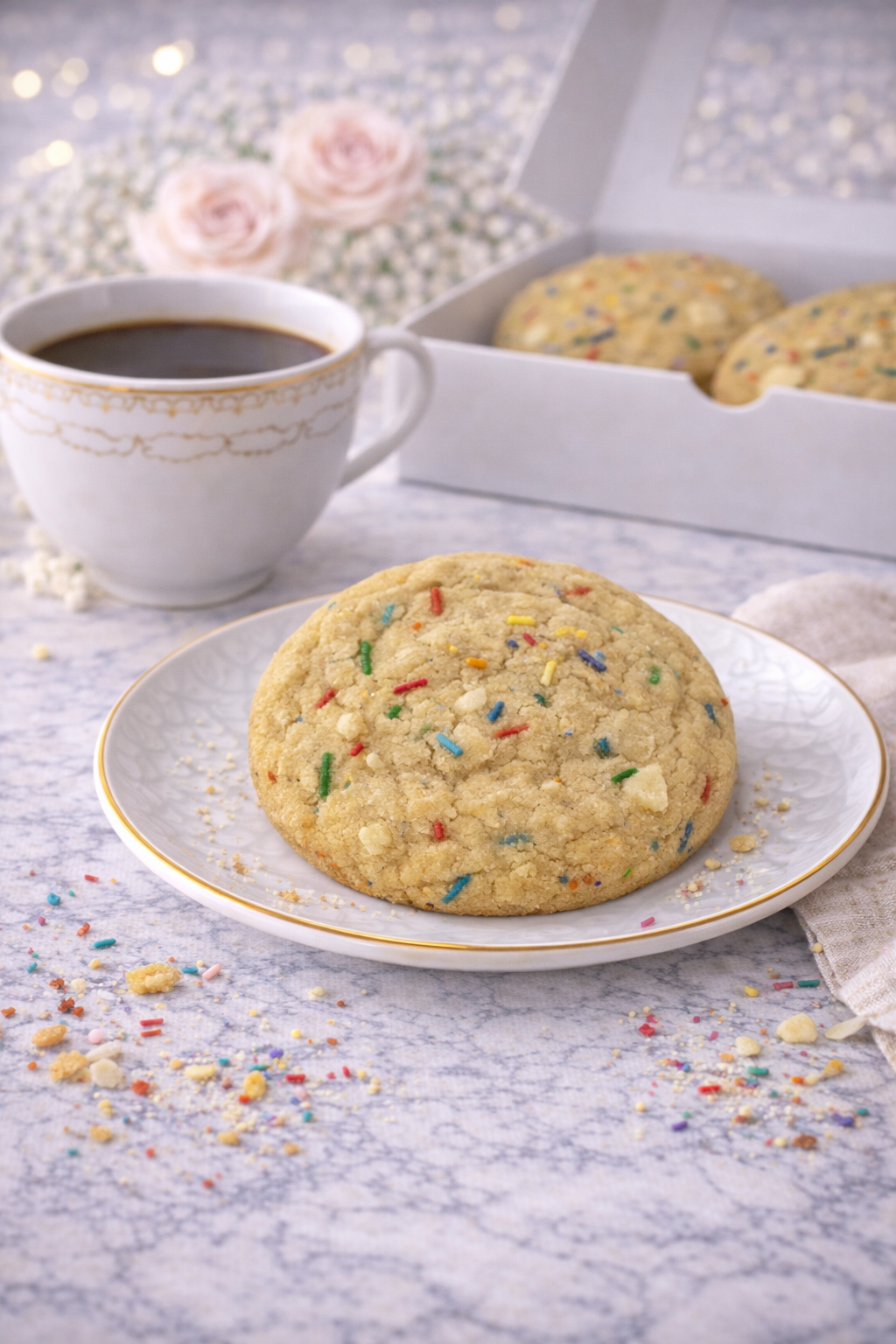 Sugar cookie with colorful sprinkles and a soft, buttery texture