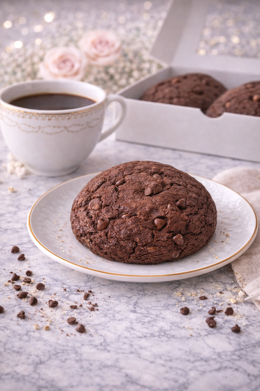 Single 4 oz double chocolate chip cookie with rich cocoa flavor and chocolate chips