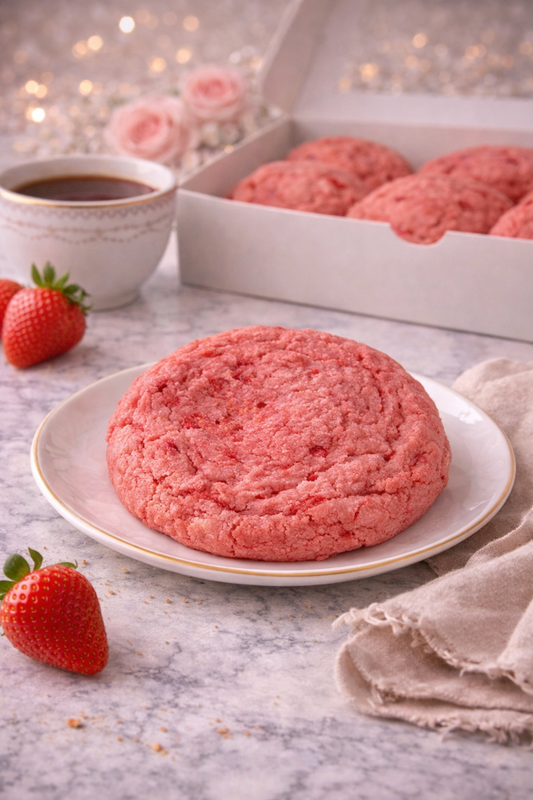 Single 4 oz strawberry cookie with a soft baked center and sweet strawberry flavor