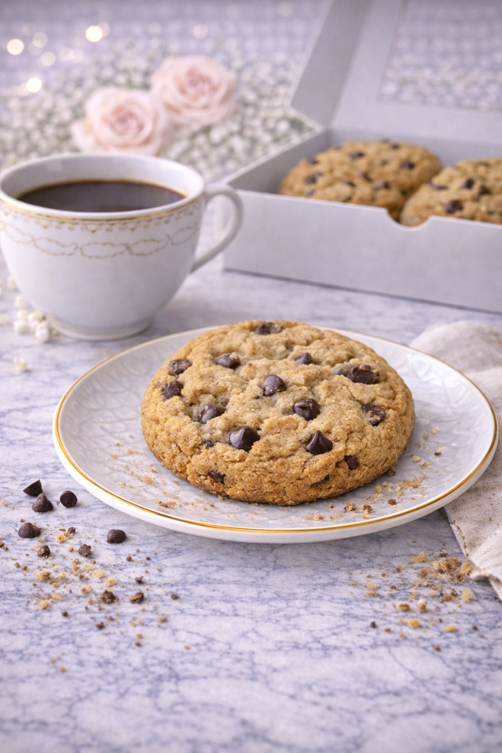 Single 4 oz gluten-free chocolate chip cookie with a soft center and rich chocolate chunks
