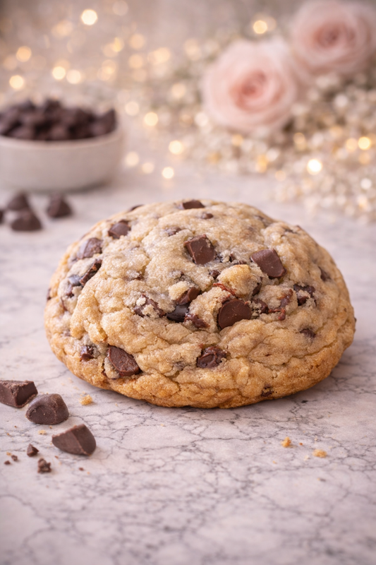 Single 4 oz classic chocolate chip cookie with a thick, soft center and premium chocolate chunks