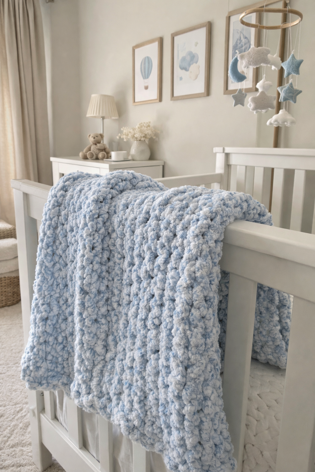 Nursery with a crib covered by a blue textured blanket, teddy bear, and framed pictures on the wall.