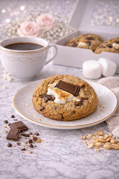 Single 4 oz s’mores cookie with graham cracker pieces, chocolate, and toasted marshmallow
