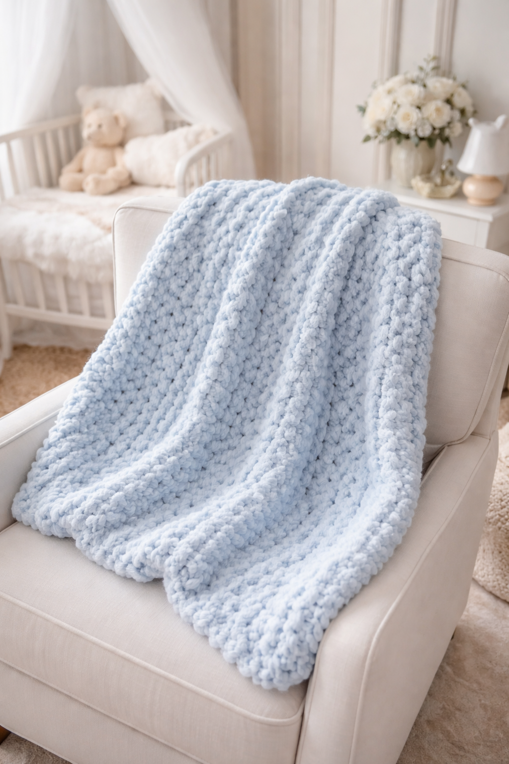 Light blue textured blanket draped over a white armchair in a cozy living room.