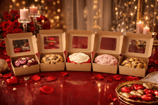 Five small boxes containing different types of cookies on a decorative table with candles and rose petals.