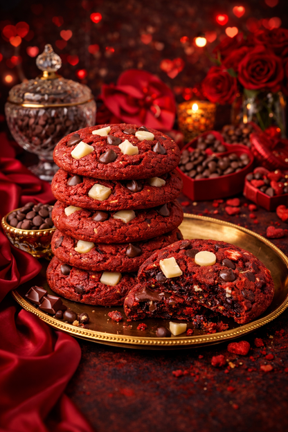 Single 4 oz red velvet cookie with milk chocolate chips and creamy white chocolate pieces