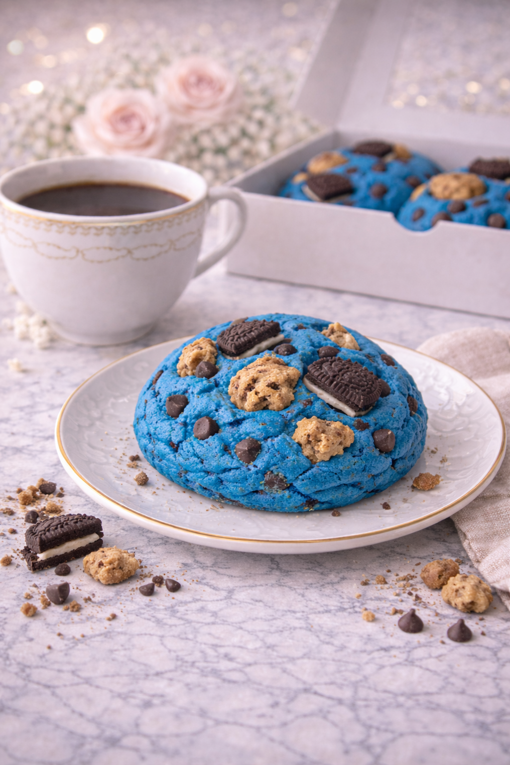 Single 4 oz Cookie Monster cookie loaded with chocolate chips and chocolate cookie pieces