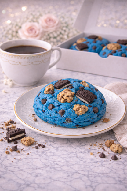 Single 4 oz Cookie Monster cookie loaded with chocolate chips and chocolate cookie pieces