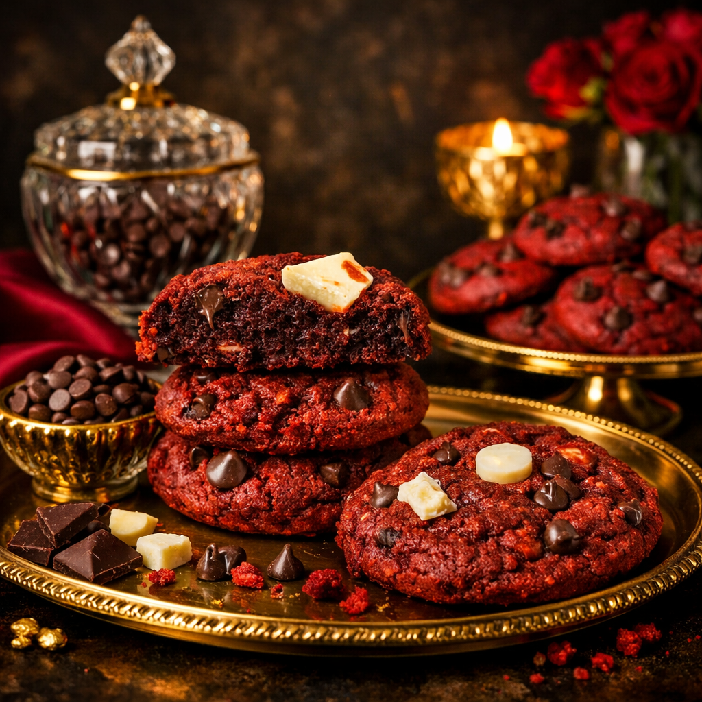 Single 4 oz red velvet cookie with milk chocolate chips and creamy white chocolate pieces