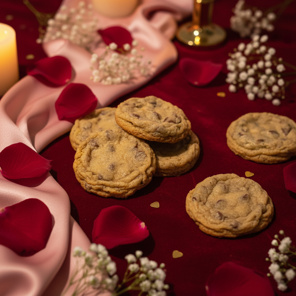 Cookies on a red surface with rose petals and flowers