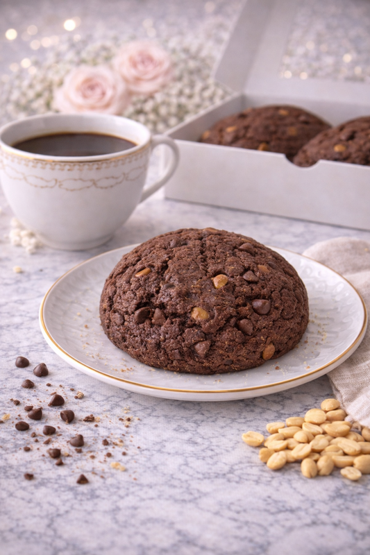 Single 4 oz peanut butter double chocolate chip cookie with rich cocoa and peanut butter flavor