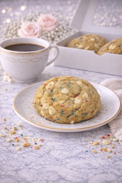 Single 4 oz birthday cake cookie with vanilla flavor and colorful sprinkles
