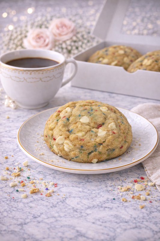 Single 4 oz birthday cake cookie with vanilla flavor and colorful sprinkles