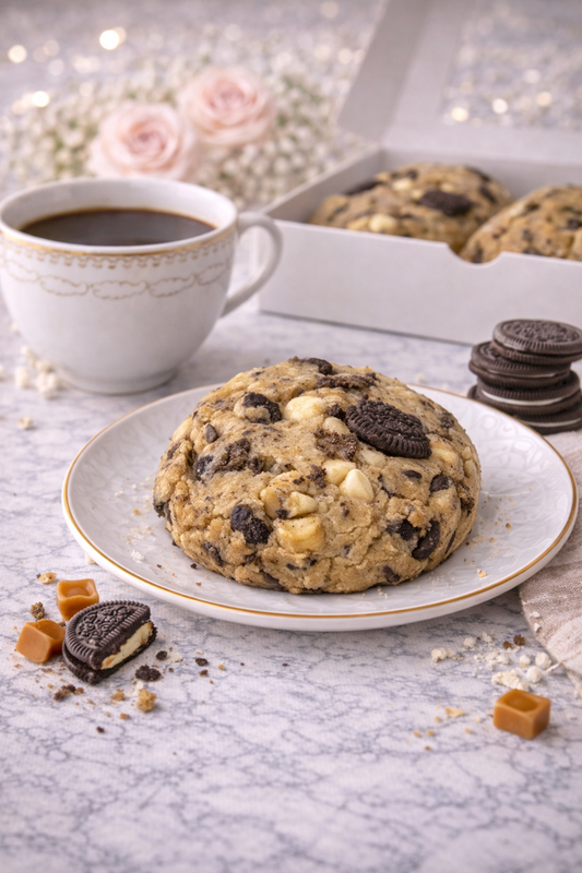 Single 4 oz cookies and cream cookie made with chocolate cookie pieces and creamy white chocolate