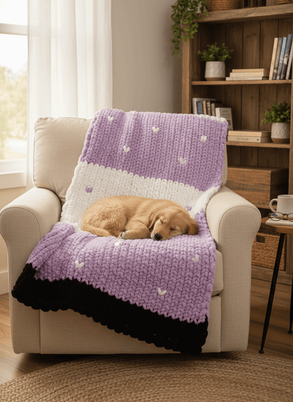 Dog sleeping on a purple knitted blanket with white hearts on a beige armchair in a cozy living room.