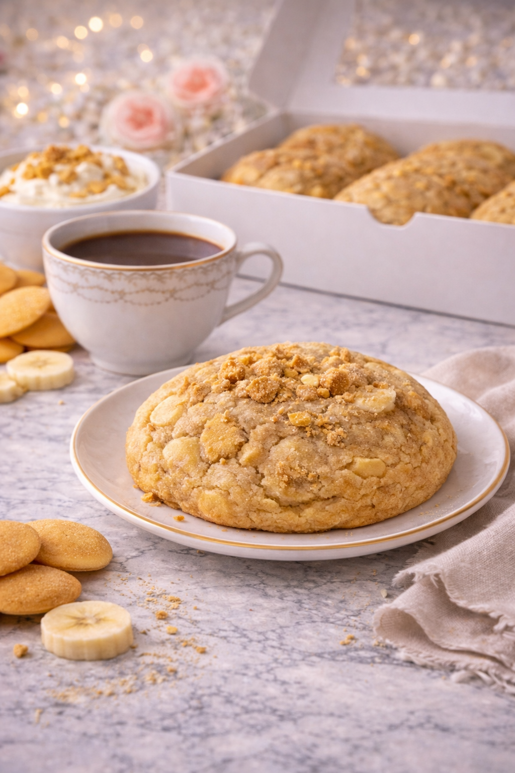 Single 4 oz banana pudding cookie with creamy vanilla flavor and soft baked texture