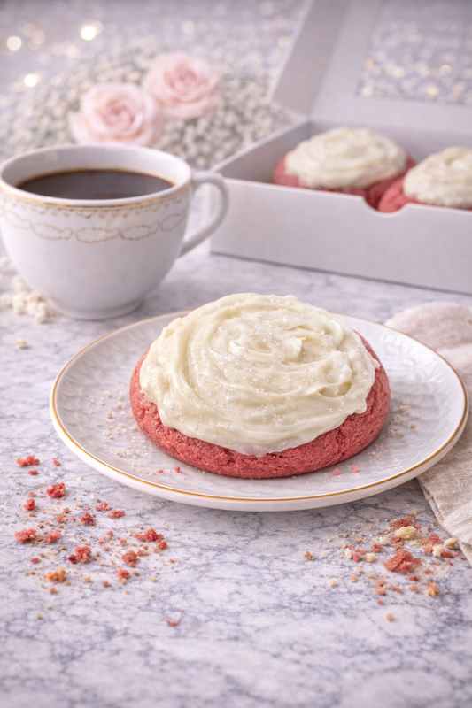 Single 4 oz pink velvet cookie topped with smooth cream cheese icing and a soft baked center