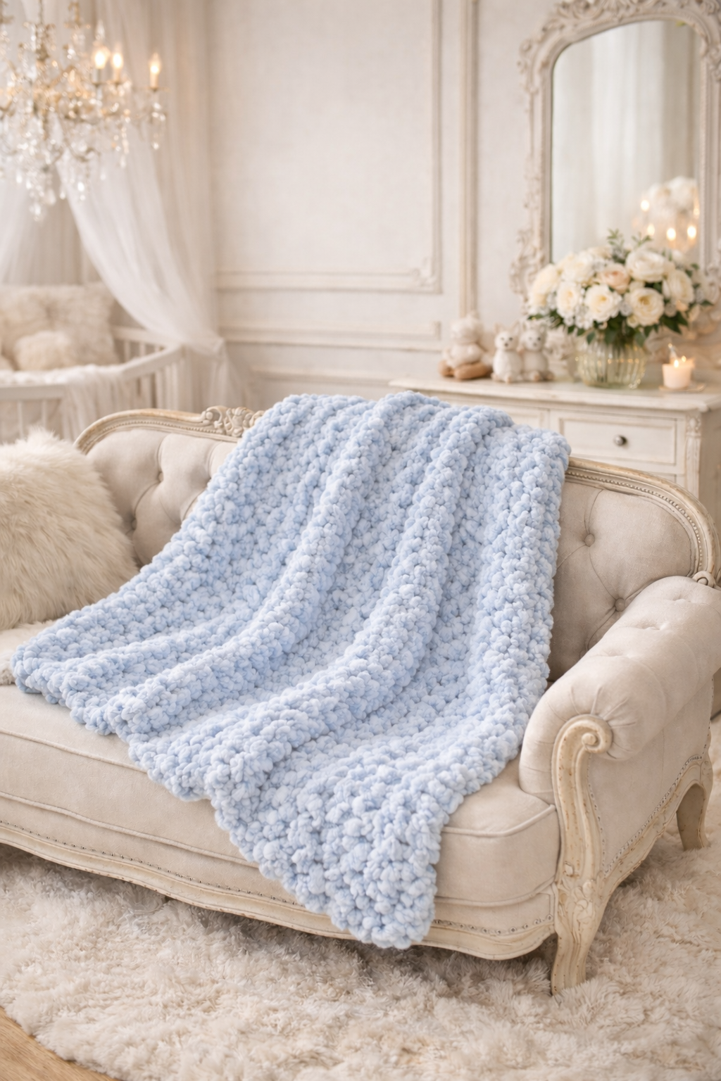 Light blue knitted blanket draped over a beige sofa in a stylish room with decorative elements.