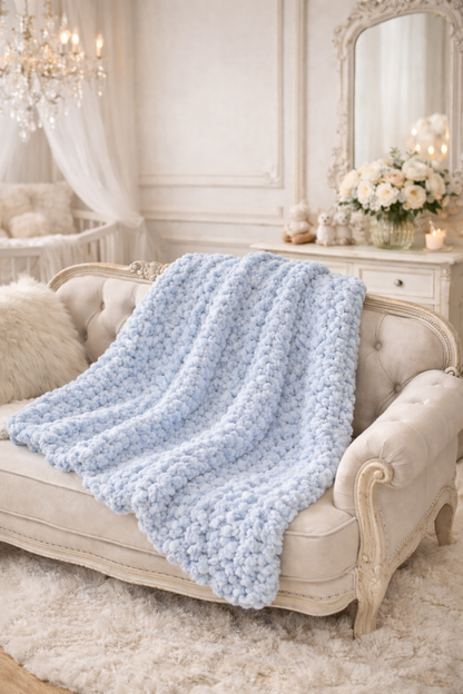 Light blue knitted blanket draped over a beige sofa in a stylish room with decorative elements.