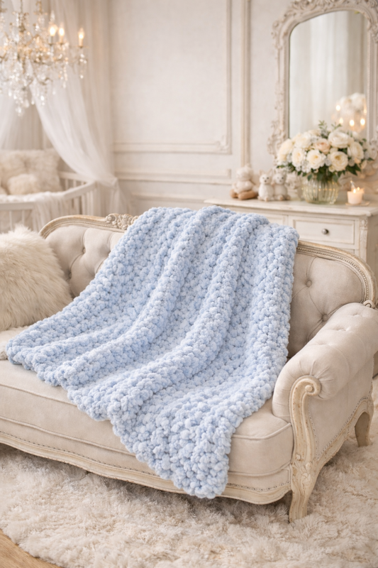 Light blue knitted blanket draped over a beige sofa in a stylish room with decorative elements.