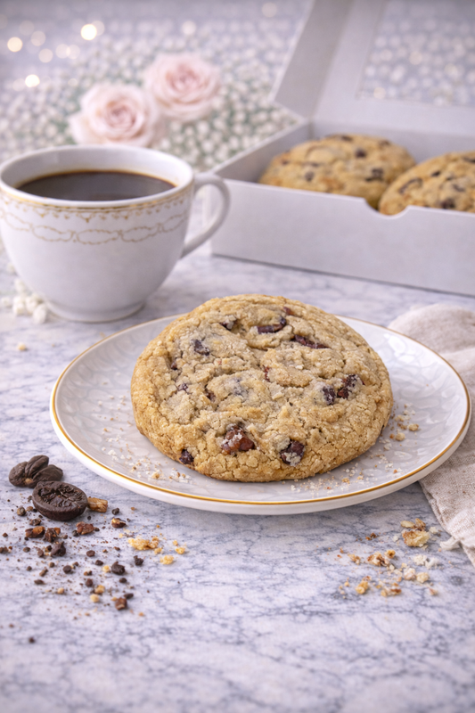 Single 4 oz chocolate chip pecan cookie with toasted pecans and rich chocolate chunks