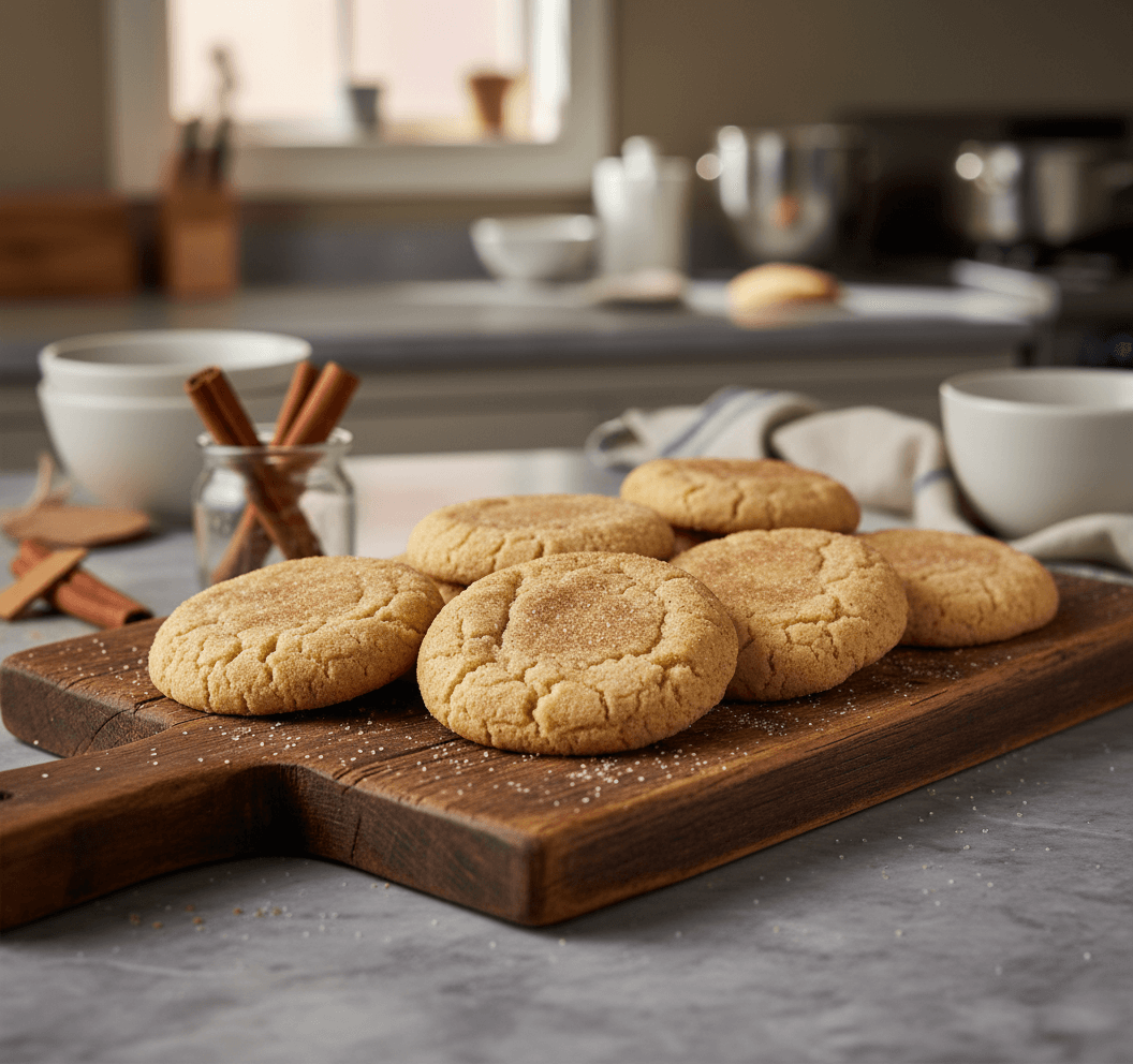 Snickerdoodle cookies on a wooden board with cinnamon sticks in a kitchen setting