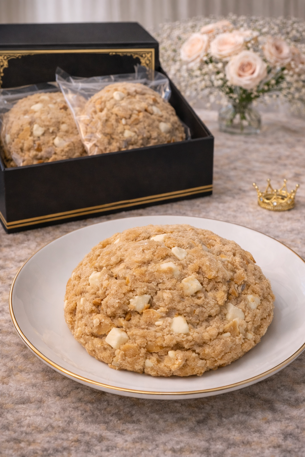 Single 4 oz white chocolate macadamia nut cookie with creamy white chocolate and buttery macadamia pieces