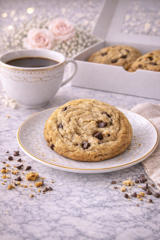 Single 4 oz brown butter chocolate chip cookie with rich caramelized flavor and chocolate chunks