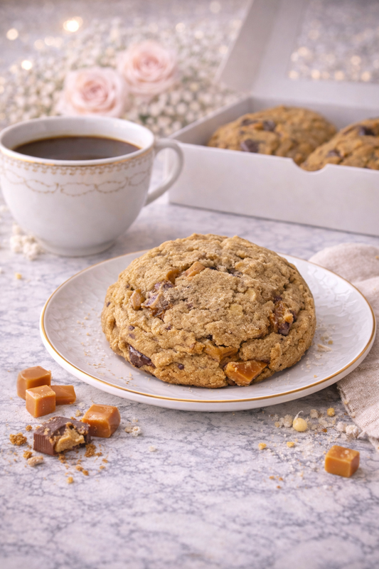 Luxury 4 oz Twix-inspired cookie loaded with chocolate and caramel pieces