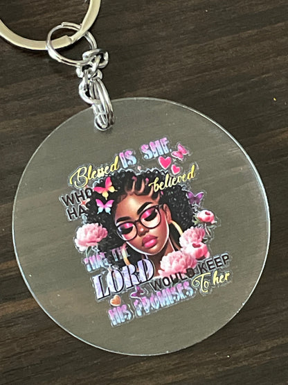 ✨ "Blessed Is She Who Has Believed…" (Faith Quote, Black Woman Keychain)